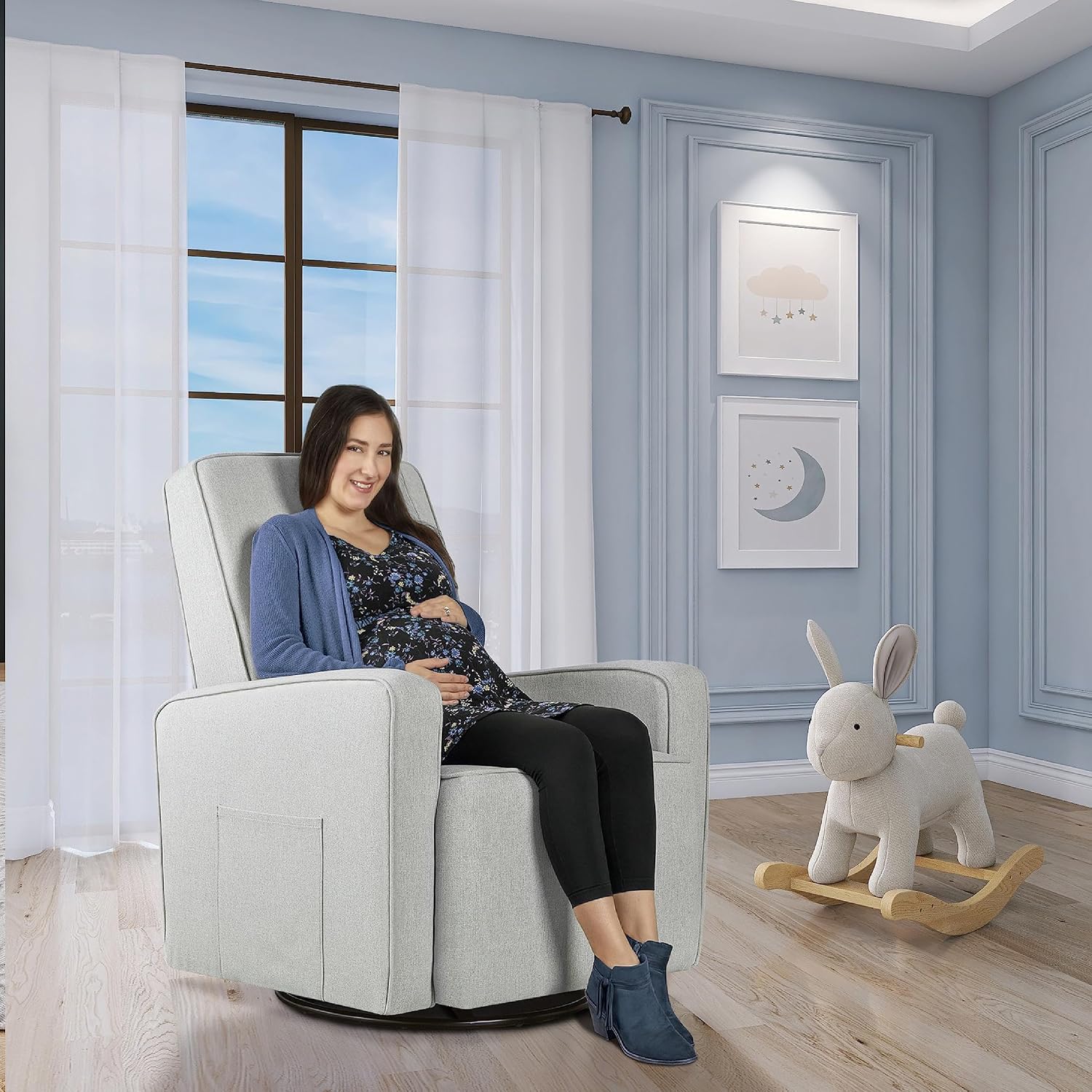 Evolur Holland Upholstered Plush Seating Glider Swivel, Glider Chair for Nursery in Harbor, Modern Nursery Glider, Tool-Free Assembly, Easy to Clean, Environmentally Conscious Glider