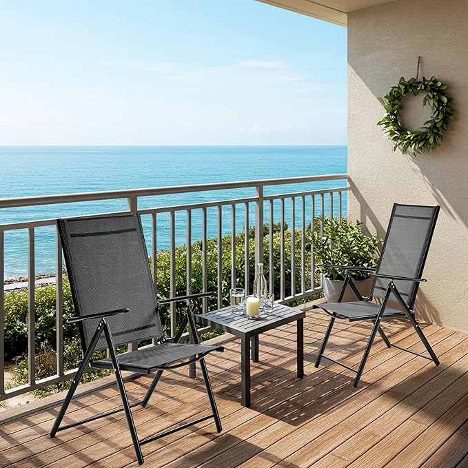 Yaheetech Patio Folding Dining Chairs Set of 2, Stackable Outdoor Lawn Chairs with 8 Adjustable Back Positions and Armrest for Garden, Lawn, Yard and Beach, Dark Gray