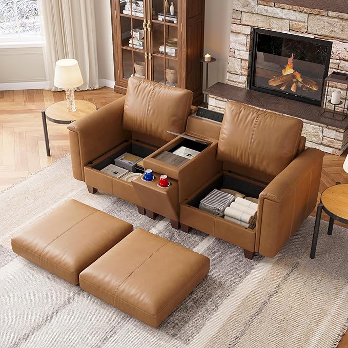 SITJOY 79" Faux Leather Modular Sectional Sofa with Storage, Mid Century Modern Sectional Couches for Living Room, 2 Seat Loveseat Couch and Console Table, Hidden Cupholders, Brown