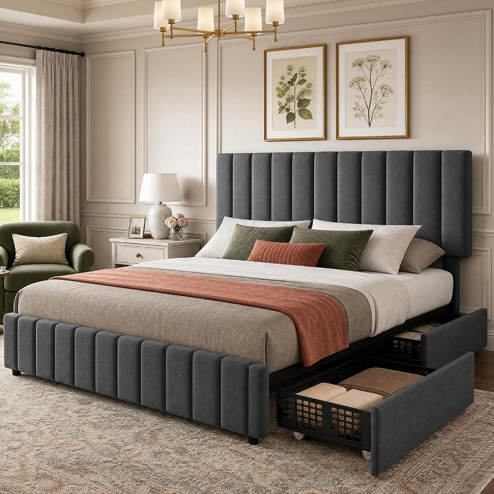 Garvee King Size Bed Frame, Linen Bedframe with 4 Storage Drawers, Grey
