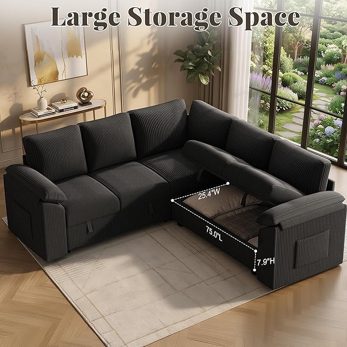 85 Inch Sectional Sleeper Sofa Bed with Pull Out Couch, U Shaped 5 Seat Cloud Modular Sectional Sofa with Storage, Corduroy Sectional Couches for Living Room, Removable Sofa Cover, Dark Grey