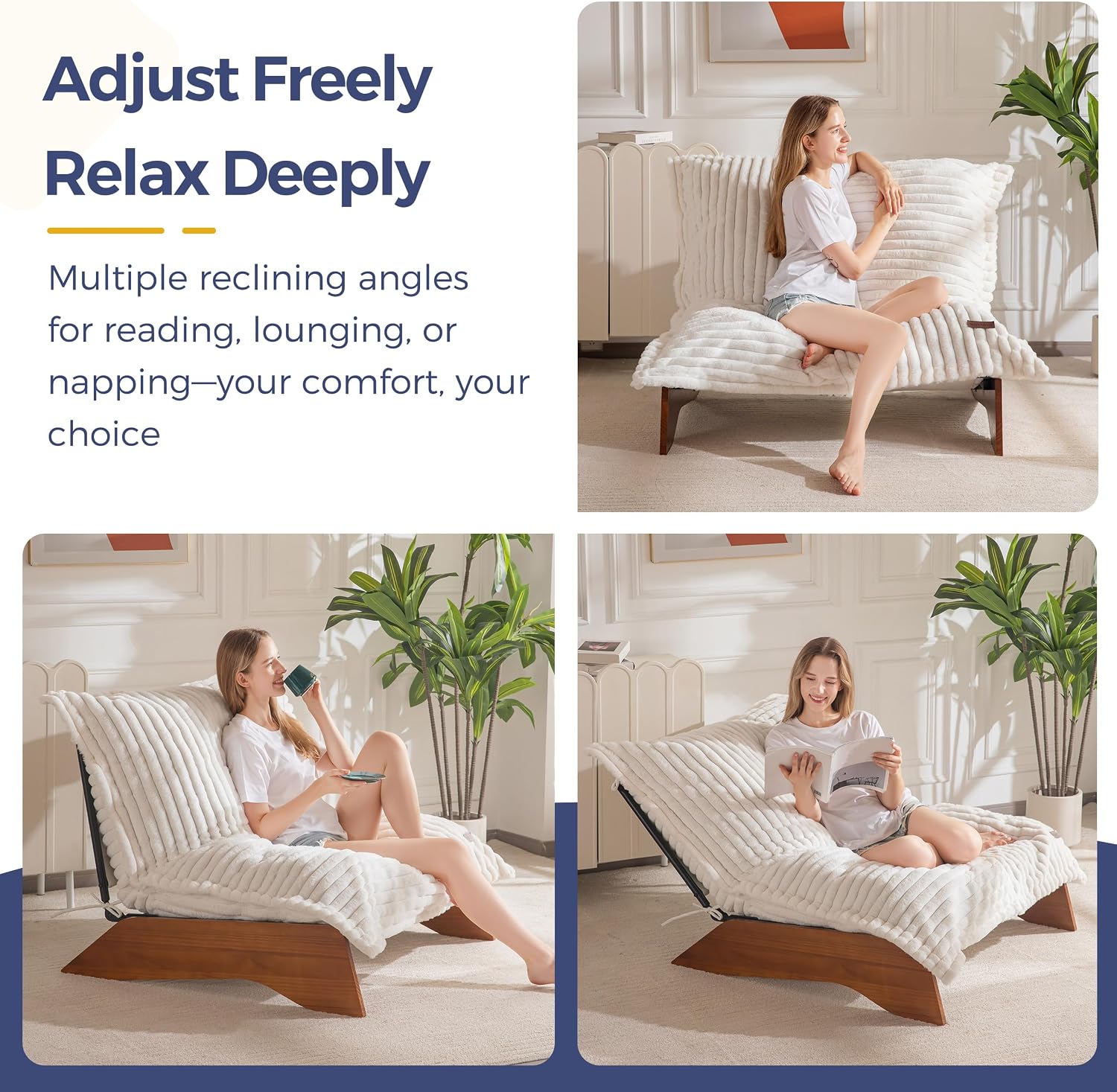 MAXYOYO Adjustable Living Room Chair, 3-Position Bean Bag Chair with Frame | Upholstered Accent Chair with Frame, Removable Cushion, Soft Reclining Lounge for Bedroom, Apartment, Office, Beige
