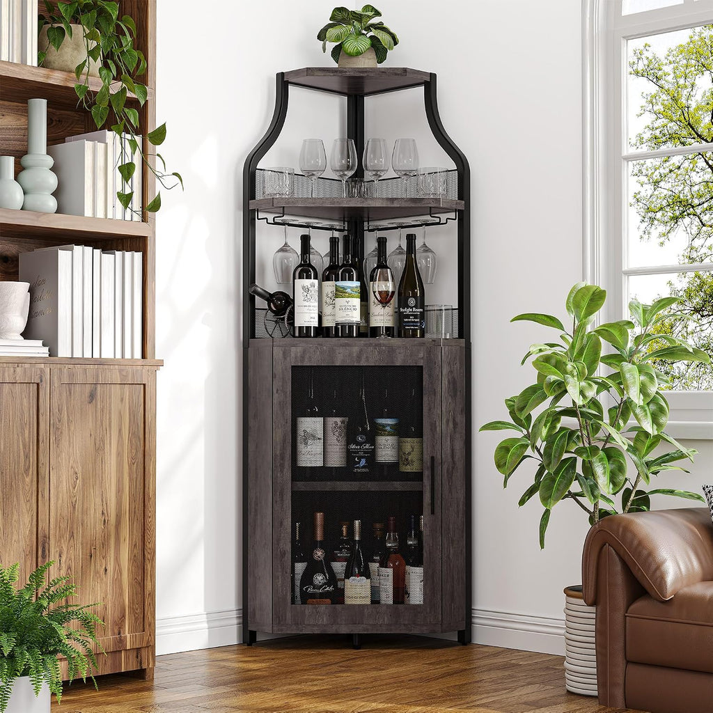 IDEALHOUSE Corner Bar Wine Cabinet with Glass Holder Wine Bar Rack Cabinet with Mesh Door & Glass Holder,Industrial Liquor Cabinet for Home, Kitchen, Dinning Room,Rustic Oak