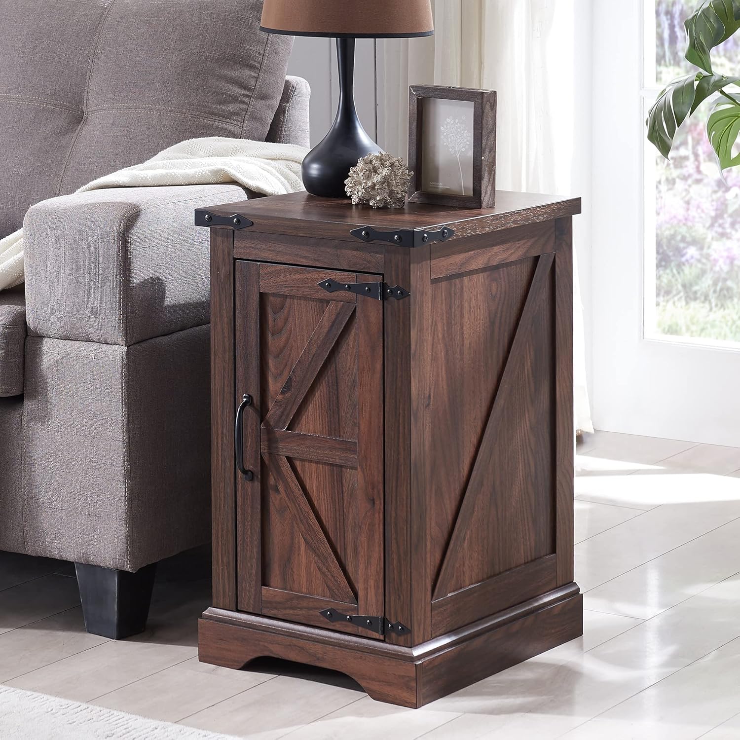 JXQTLINGMU Farmhouse 17" Nightstand Set of 2, Brown | Rectangular/ Rustic End Table with Barn Door /Adjustable Shelf/ Wood Sofa Side Table/ for Living Room, Bedroom
