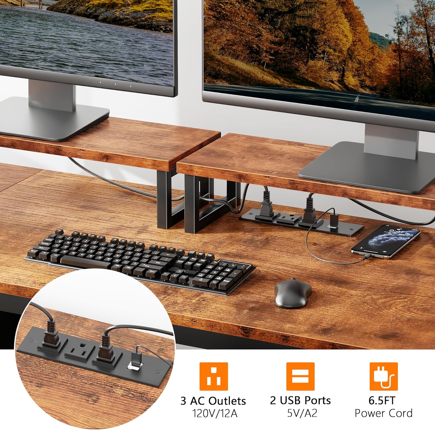 Furologee 55" Computer Desk with File Cabinet and Power Outlets, Home Office Desk with 2 Movable Monitor Stands and Storage Drawer, Writing Table with Shelves and 2 Hooks for Bedroom, Rustic Brown