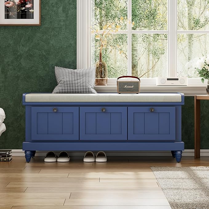Merax Classic Storage Bench with Cushioned Seat and Three Drawers for Entryway & Living Room & Bedroom, Navy Blue