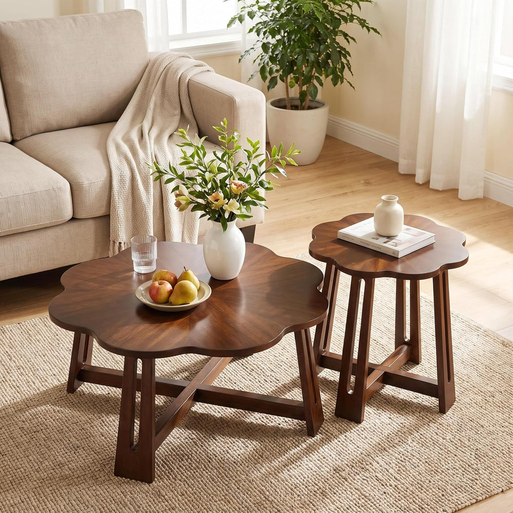 Retro Walnut Wooden Petal-Shaped Nesting Coffee Table Set of 2 | large coffee...