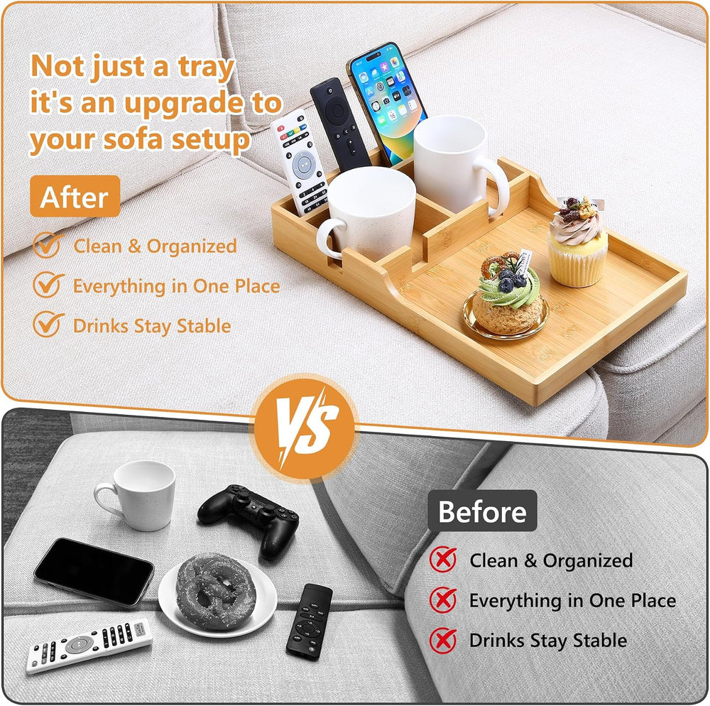 Couch Tray Insert for Middle Seat, Bamboo Couch Table with 2 Cup Holders, Fit...