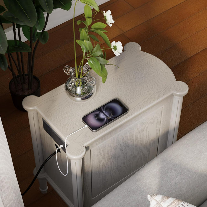 COZAYH Farmhouse 3 Drawer Nightstand with Charging Station, Bedside Table with Vintage Bronze Handles for Bedroom, Almost Fully Assembled, Solid Pine Legs, Distressed Finish, Rustic Gray