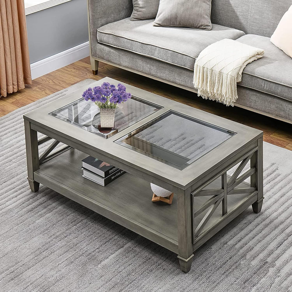 3 Piece Farmhouse Coffee Table & End Tables Set, Antique Grey | Solid Woo...