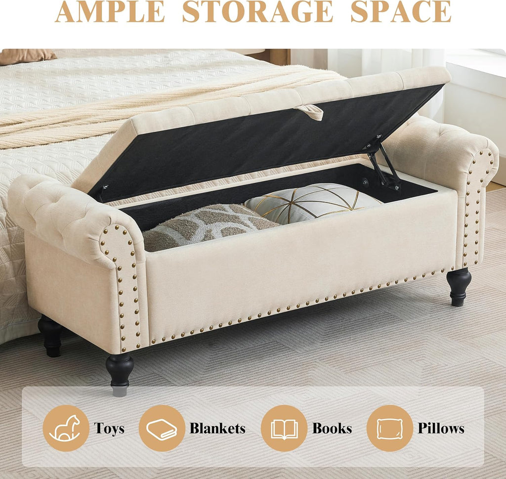 Howjoe 51" Bedroom Storage Bench, End of Bed Bench, Chenille Upholstered Benches, Ottoman with Storage, Window Benches with Rolled Arm and Nailhead Trim for Living Room, Entryway, Beige