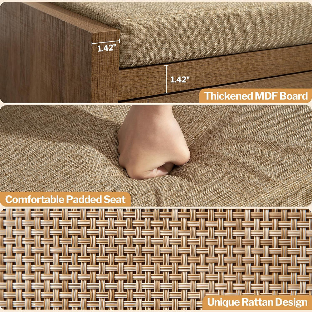 SICOTAS Rattan Shoe Bench Entryway Bench with Storage Drawer, Linen Cushion |...