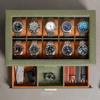 ROTHWELL 10-Slot Watch Box in Leather with Valet Drawer, Luxury Watch Case Display Organizer with Ultra Soft Microsuede Liner, Jewelry and Sunglass Holder With Large Glass top (Green/Tan)