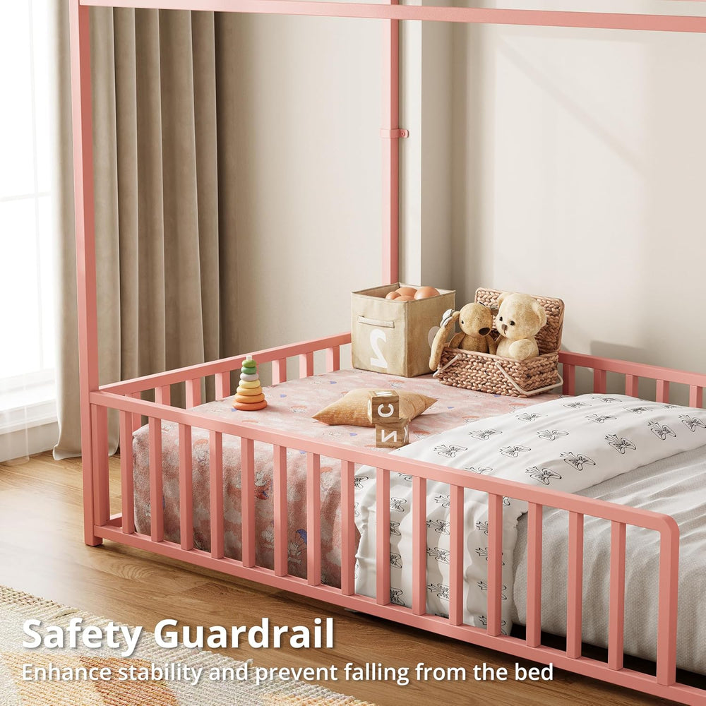 LIKIMIO Twin Floor Bed with Roof and Fence Guardrails, Pink