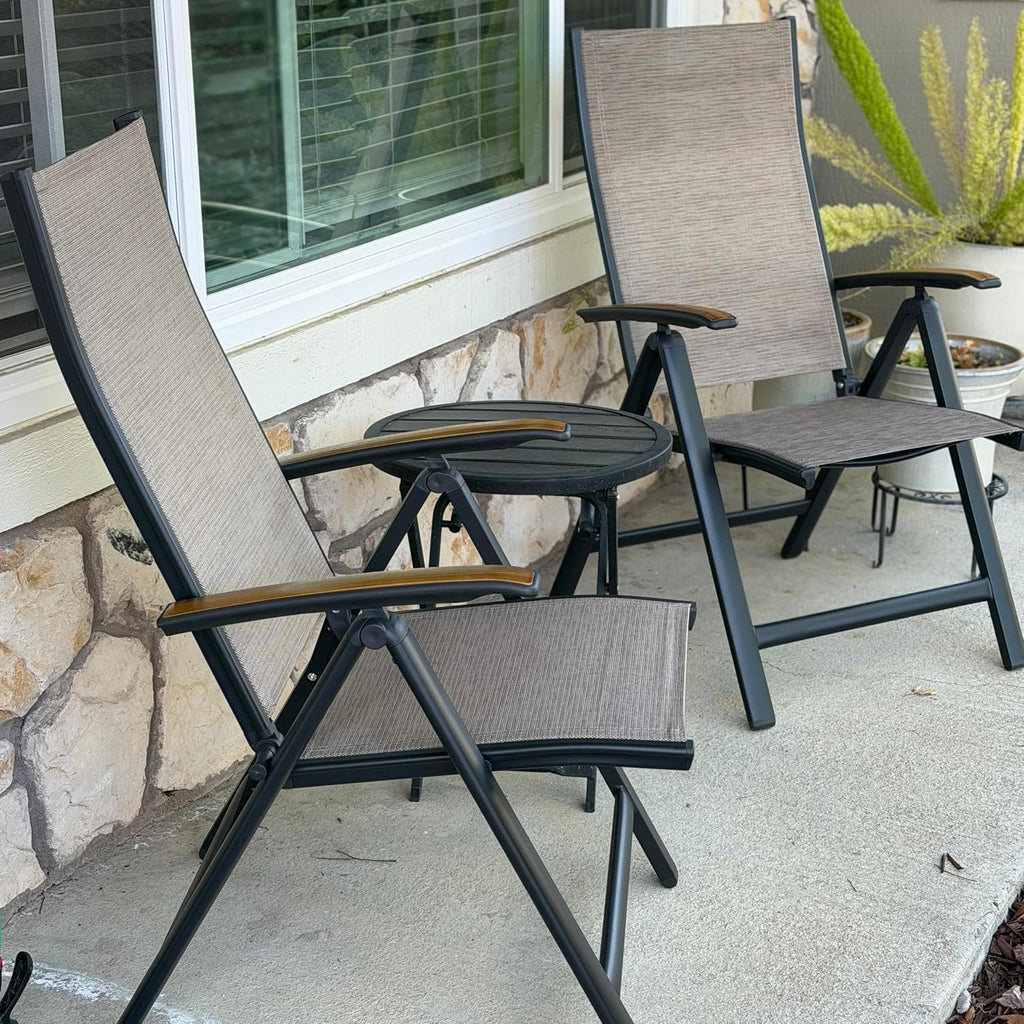 Folding Patio Chairs Set of 2, Outdoor Recliner Chairs | 8-Level Adjustable Reclining Back with Teak Armrest Aluminium Frame for Porch, Backyard, Brown DC071
