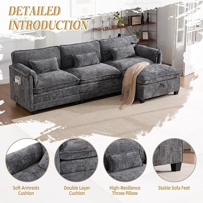 Ball & Cast 109" Oversized Sectional Sofa,Comfy Cloud Couch W/Movable Storage Ottoman,L Shaped Sectional Sofa W/USB Charging Port,Phone Holder&Side Pocke,Chenille Fabric,for Living Room,Gray