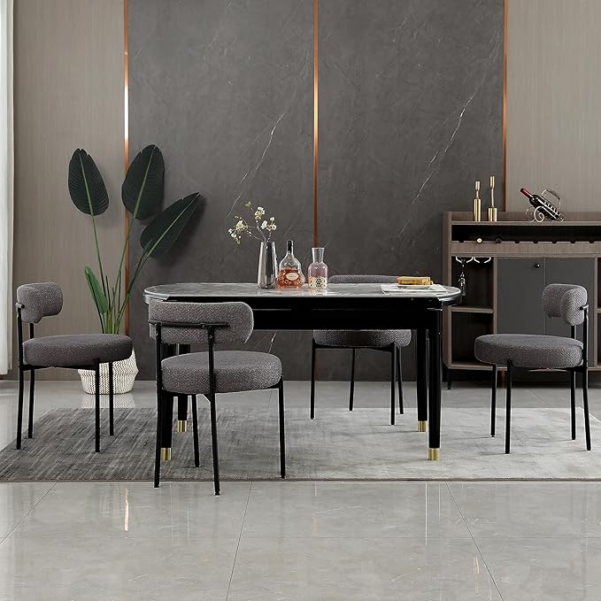DYHOME Dark Grey Dining Chairs Set of 6, Mid-Century Modern Dining Chairs, Kitchen Dining Room Chairs, Curved Backrest Round Upholstered Boucle Sherpa Dining Chair with Black Metal Legs