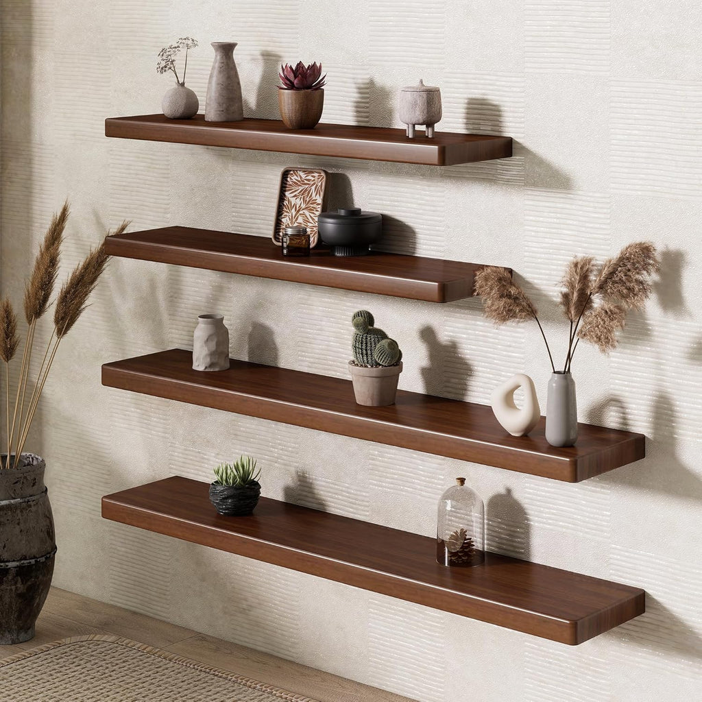 48" Rustic Walnut Wood Floating Shelves, 8 Inch Deep Wall Shelves for Home Decor, Wall Mounted Floating Shelf with Invisible Bracket, Heavy-Duty Storagefor Living Room, Bedroom, Kitchen, Set of 1