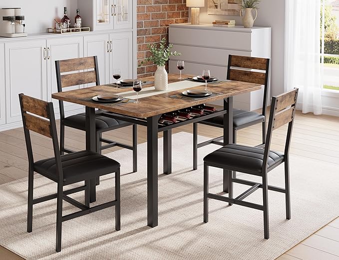 Dining Table Set for 4, Extendable Kitchen Table with 4 PU Leather Upholstered Dining Room Chairs, Wood Kitchen Table Set with Built-in Storage Rack for Dining & Small Spaces, Rustic Brown