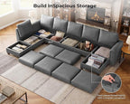 SITJOY 145" Faux Leather Modular Sectional Sofa with Storage, Mid Century Modern Sectional Couches for Living Room, Soft Padded Armrests, 8 Seat U Shaped Sectional Couch with Chaise, Gray