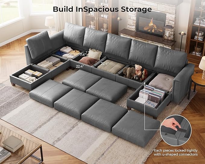 SITJOY 145" Faux Leather Modular Sectional Sofa with Storage, Mid Century Modern Sectional Couches for Living Room, Soft Padded Armrests, 8 Seat U Shaped Sectional Couch with Chaise, Gray