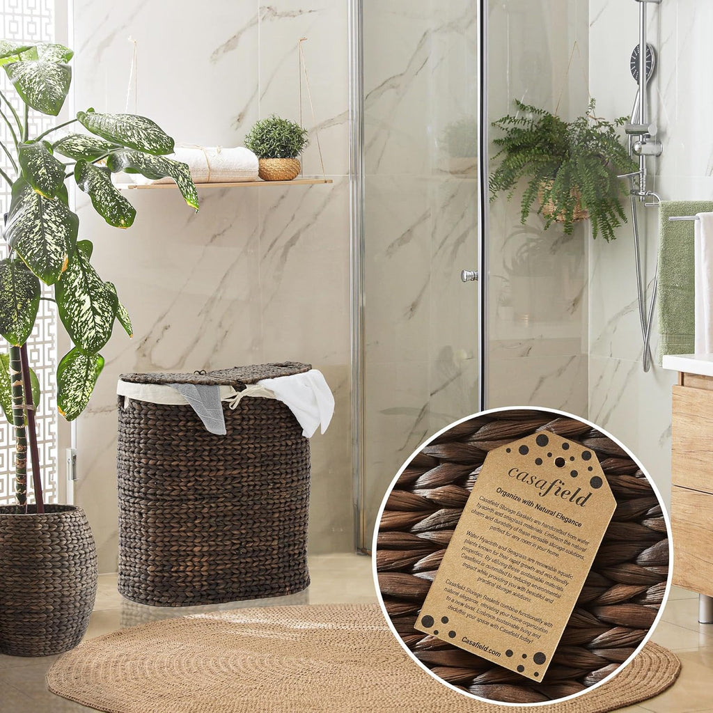 Casafield Oval Laundry Hamper with Lids and Removable Liner Bags - Espresso Dark Brown, Woven Water Hyacinth 2-Section Laundry Basket Clothes Sorter