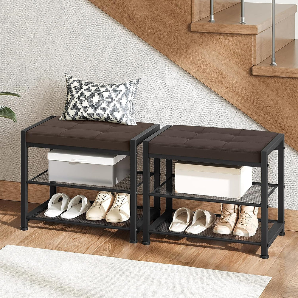 HOOBRO Small Shoe Bench, 3-Tier Shoe Rack, Shoe Storage Bench with PU Seat Cu...