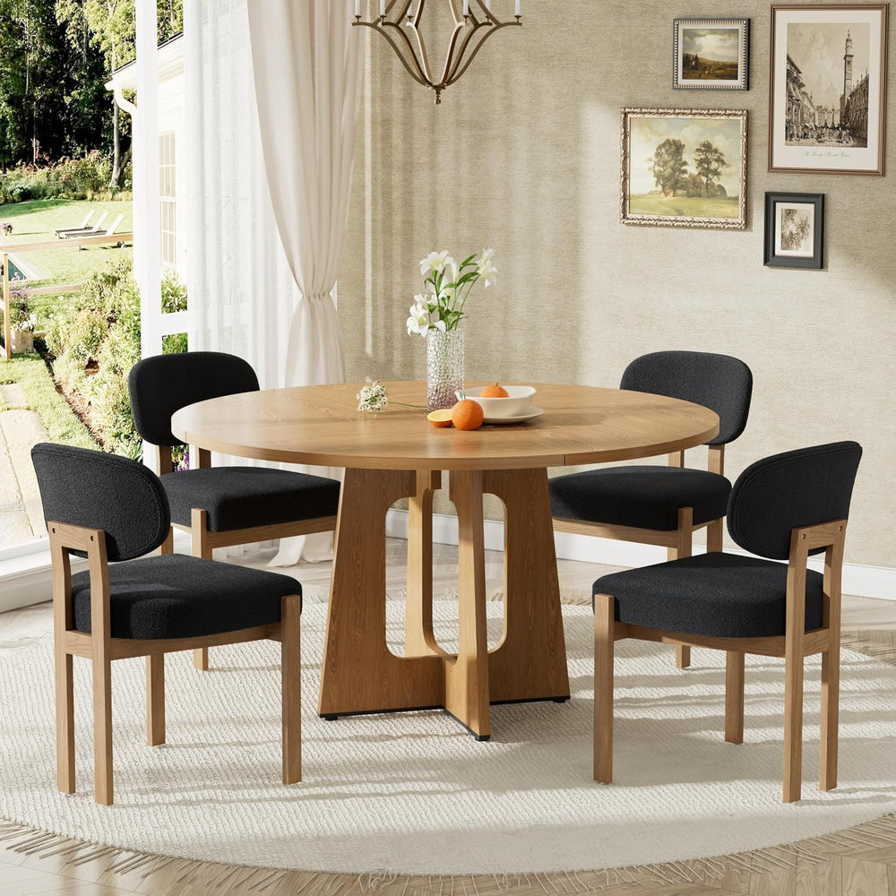 Modern 5-Piece Dining Table Set with 4 Chairs,Oak Round MDF Dining Table, Bla...