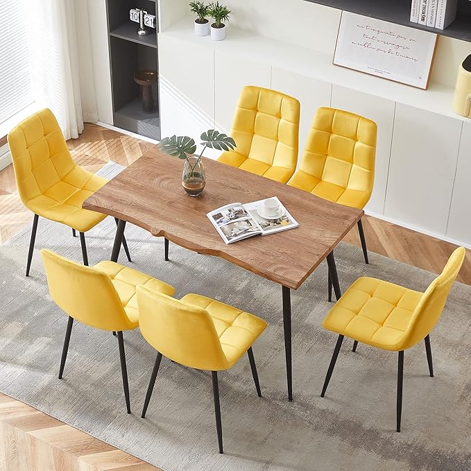 NORDICANA Yellow Velvet Dining Chairs Set of 6, Upholstered Tufted Kitchen Chairs, Comfortable Seat, Metal Leg, Easy Assembly