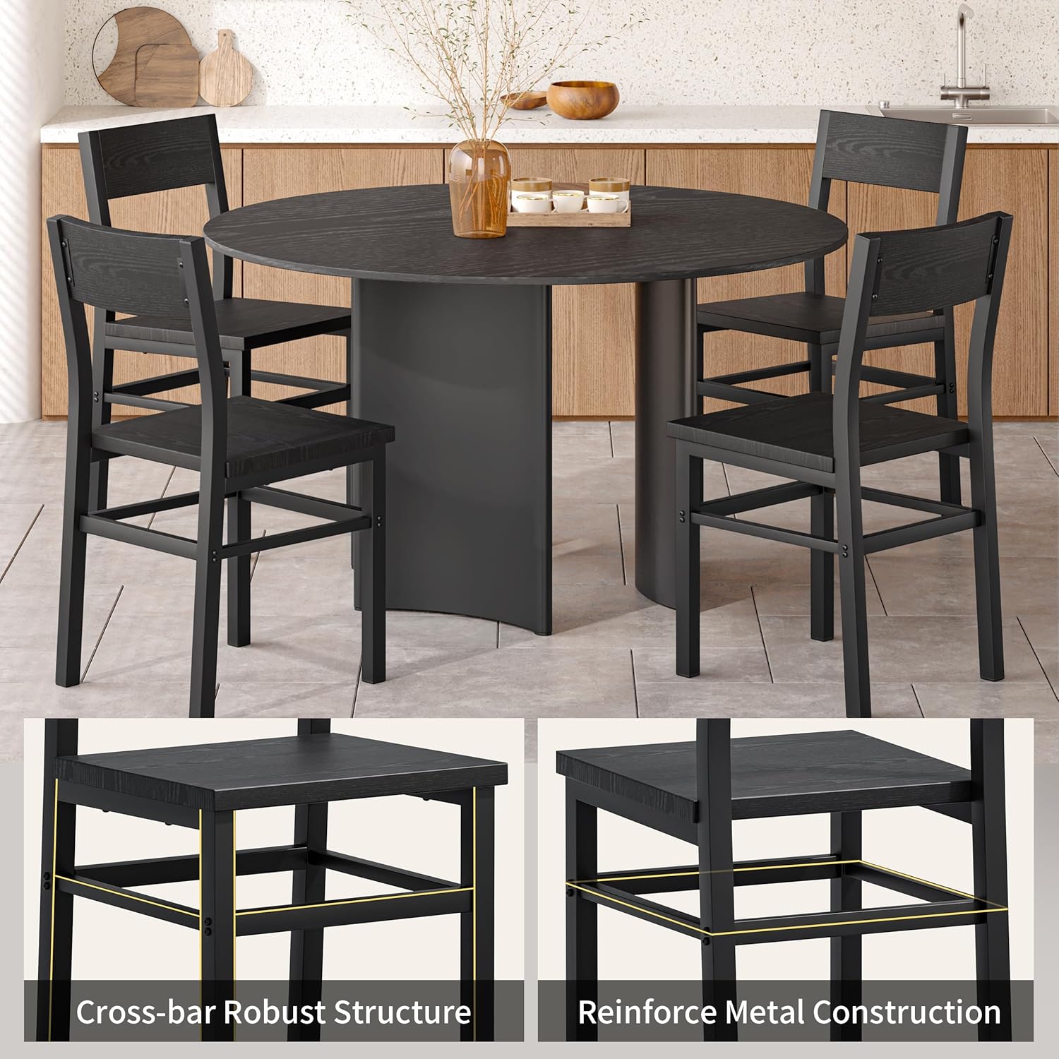 MECHYIN Dining Chairs Set of 4, Rustic Wood Dining Room Chairs with Thickened and Strengthened Metal Steel Frame & Slat Back, Modern Farmhouse Chair for Kitchen, Dining Room (4, Dark Black)