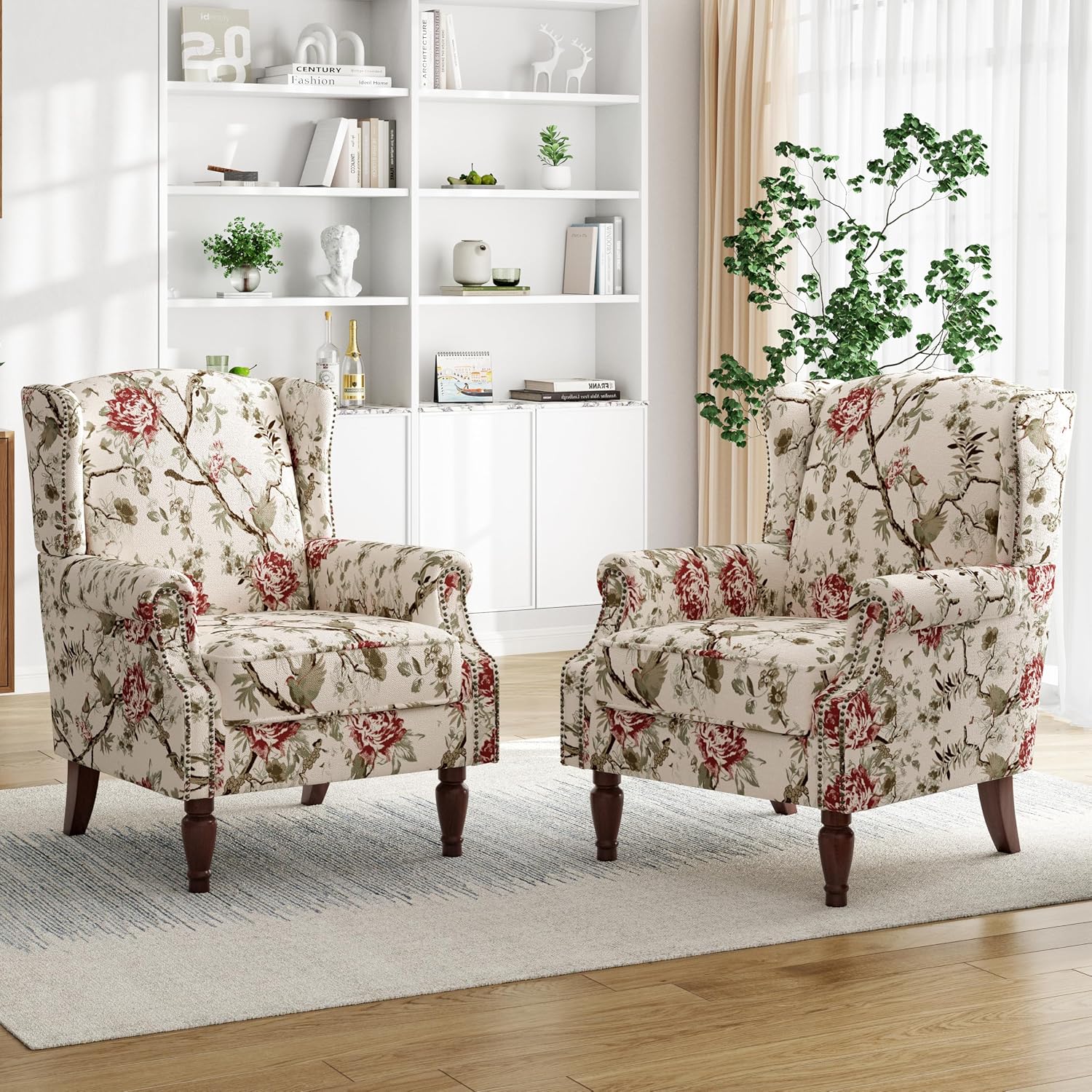 High Back Floral Accent Chair - Retro Wingback Upholstered Armchair with Nailhead Trim, Solid Wood Legs, Fabric Living Room Bedroom Reading Chair (Flower Beige)
