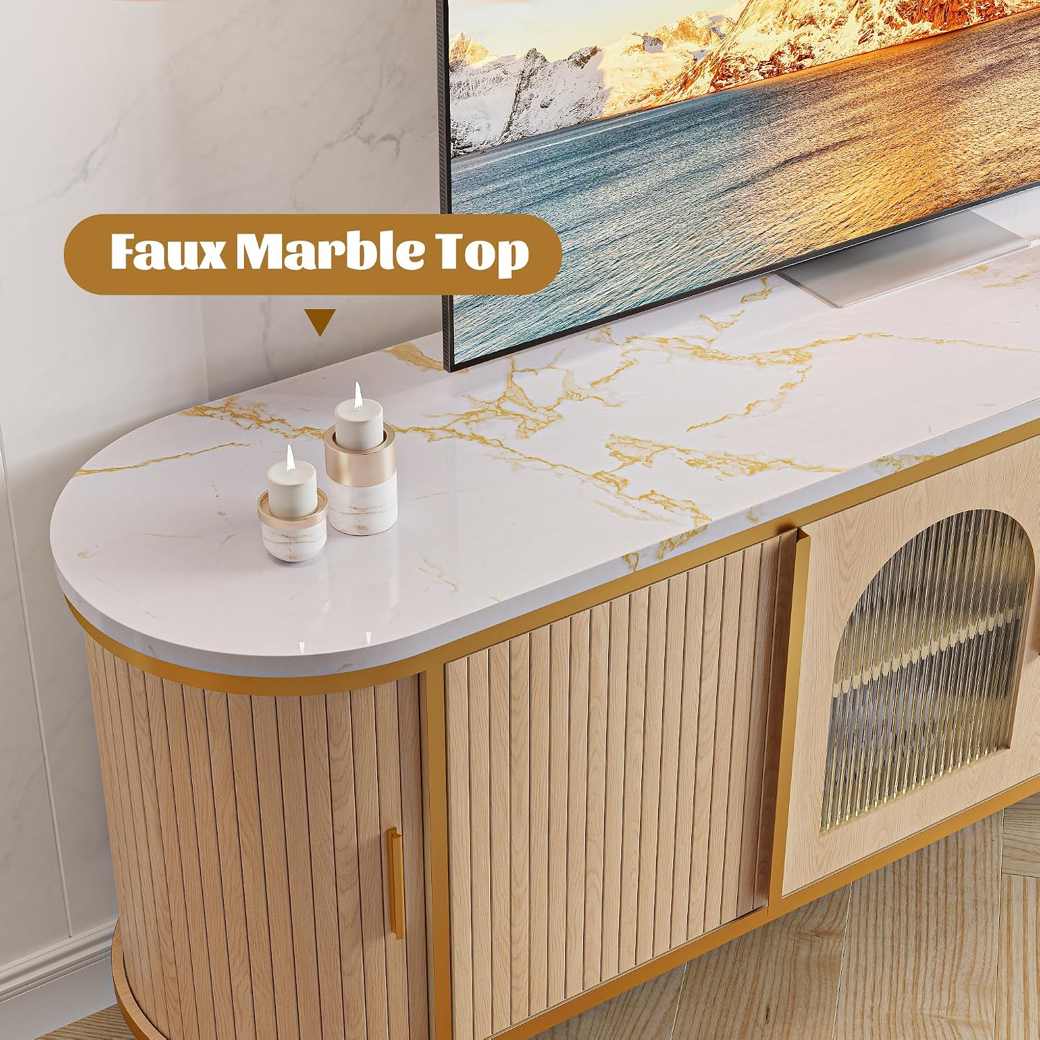 MXV 70" Fluted TV Stand for TVs up to 80", Mid Century Modern Entertainment Center with Sliding Doors & Glass Door, TV Console Table with Faux Marble Top for Living Room, Oak