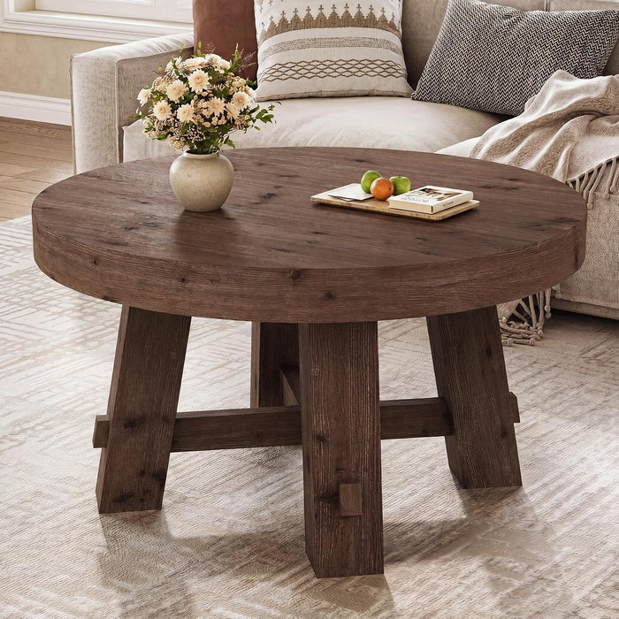 31.5 Inch Round Solid Wood Coffee Table, Walnut Center Table