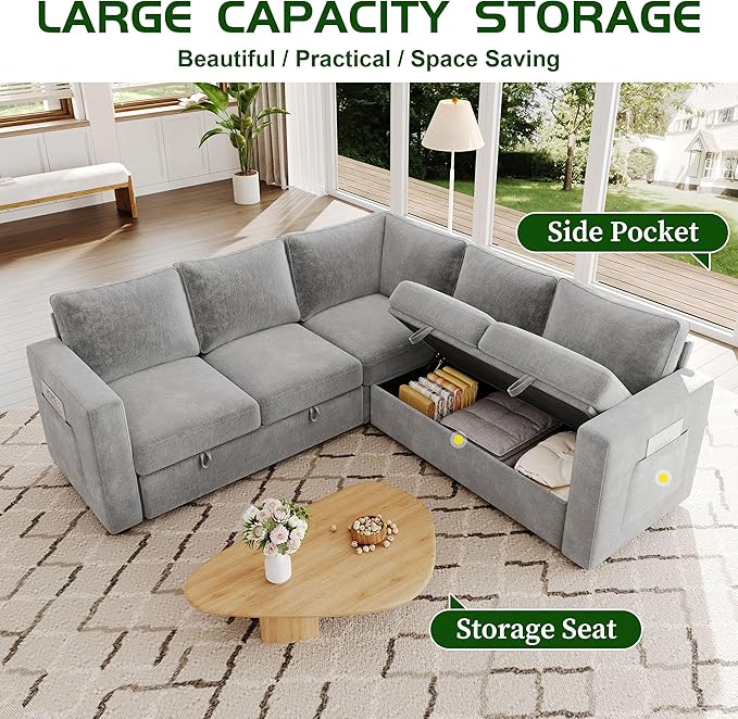 83.5" Sectional Sleeper Sofa with Pull Out Couch, Modern 5 Seat L Shaped Modular Couch, Sectionals Modular Sofa with Storage, Comfy Sectional Couches for Living Room & Apartment, Light Gray