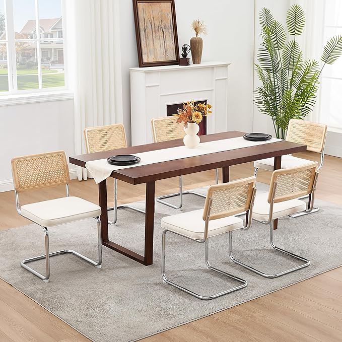 Zesthouse Rattan Dining Chairs Set of 6, Mid Century Modern Dining Room Chairs with Natural Cane Mesh & Chrome Base, White Cesca Chair Linen Fabric, Farmhouse Kitchen Chair with Solid Wood Frame Back