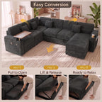 100" Modular Sectional Sleeper Sofa with Pull Out Bed, 7 Seat Corduroy U Shaped Couch with Storage Chaise|Reclining Backrest|Side Table|USB Port, Cloud Sectional Couches for Living Room, Dark Grey