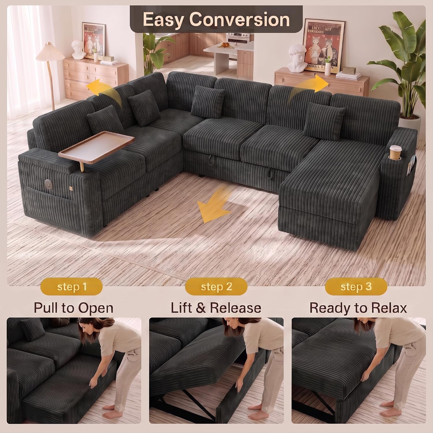 100" Modular Sectional Sleeper Sofa with Pull Out Bed, 7 Seat Corduroy U Shaped Couch with Storage Chaise|Reclining Backrest|Side Table|USB Port, Cloud Sectional Couches for Living Room, Dark Grey