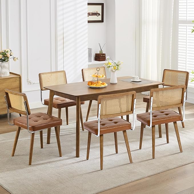 GarveeHome Natural Rattan Dining Chairs Set of 4, PU Upholstered Kitchen Chairs with Tall Cane Backrest and Strong Wood Legs for Dining Room, Kitchen, Restaurant, Brown