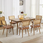 GarveeHome Natural Rattan Dining Chairs Set of 6, PU Upholstered Kitchen Chairs with Tall Cane Backrest and Strong Wood Legs for Dining Room, Kitchen, Restaurant, Brown