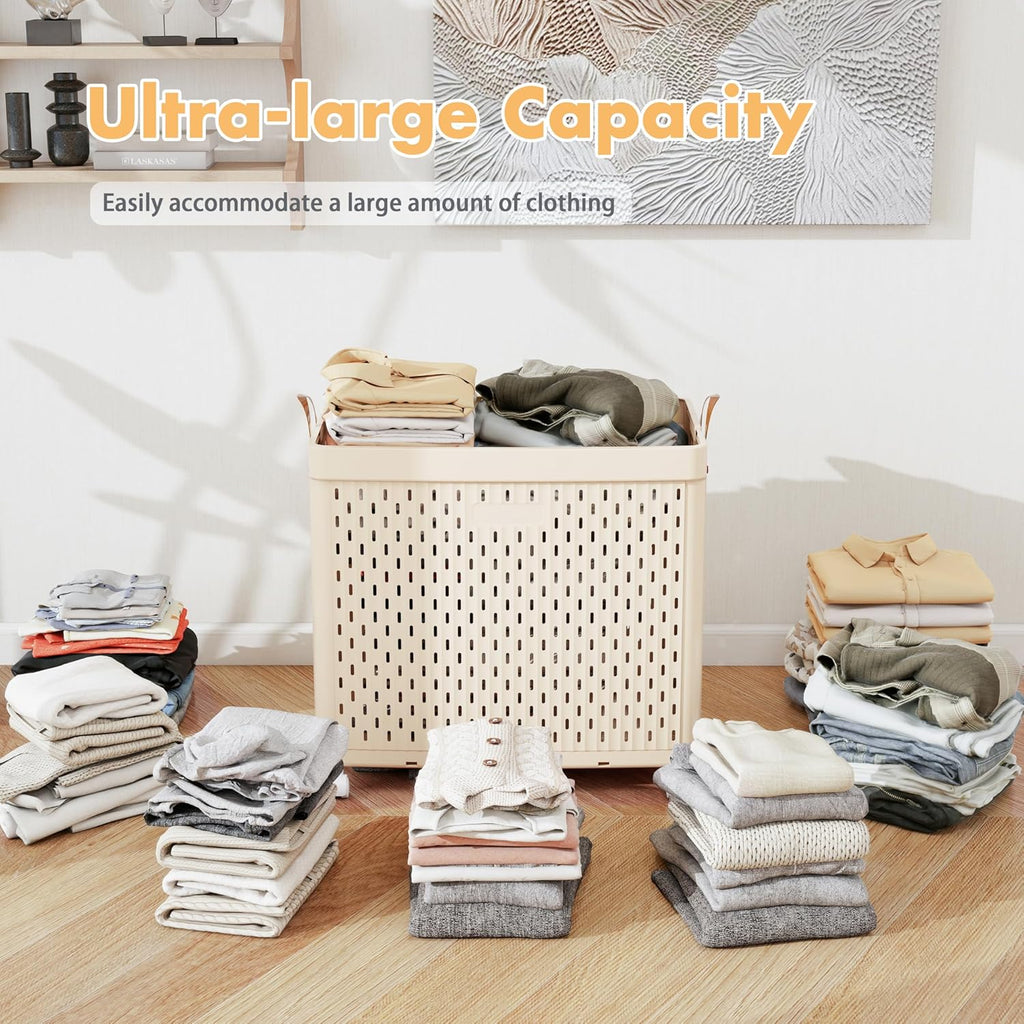 UAK Laundry Basket with Wheels, Collapsible Plastic Laundry Hamper with Handle, Foldable Laundry Basket Organizer for Laundry and Bathroom Ivory, XXXXL (110L)