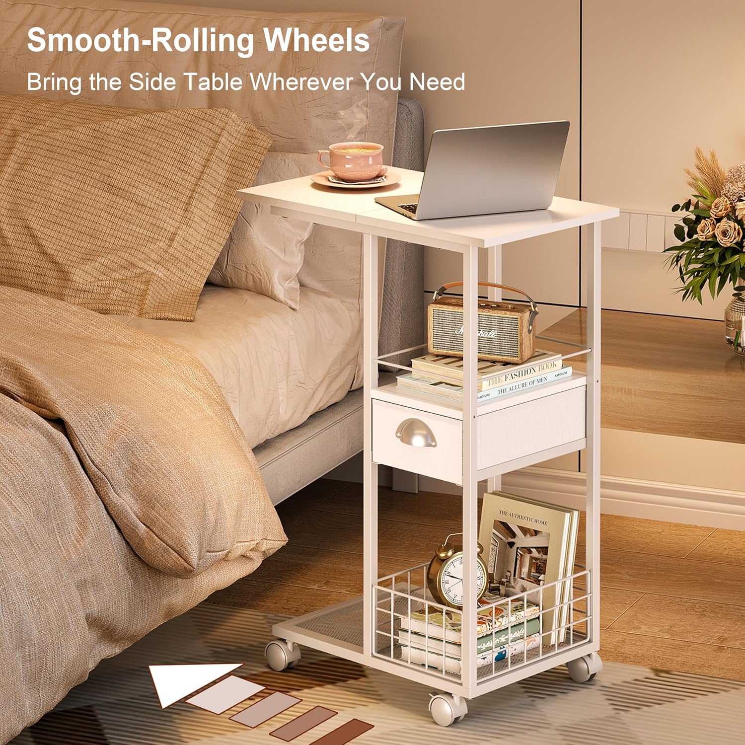 Rolling Side Table with Storage Drawer, White Bedside Table with Wheels, TV Tray for Sofa, Portable Desk on Wheels, Modern Night Stand, Overbed Table for Bedroom, C Shaped End Tables Living Room