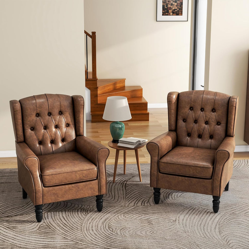 PU Leahter Wingback Accent Chairs Set of 2, High Back Armchair, Brown | Modern Tufted Upholstered Reading Seat with Wooden Legs & Removable Cushion | Comfy Single Sofa for Living Room, Bedroom