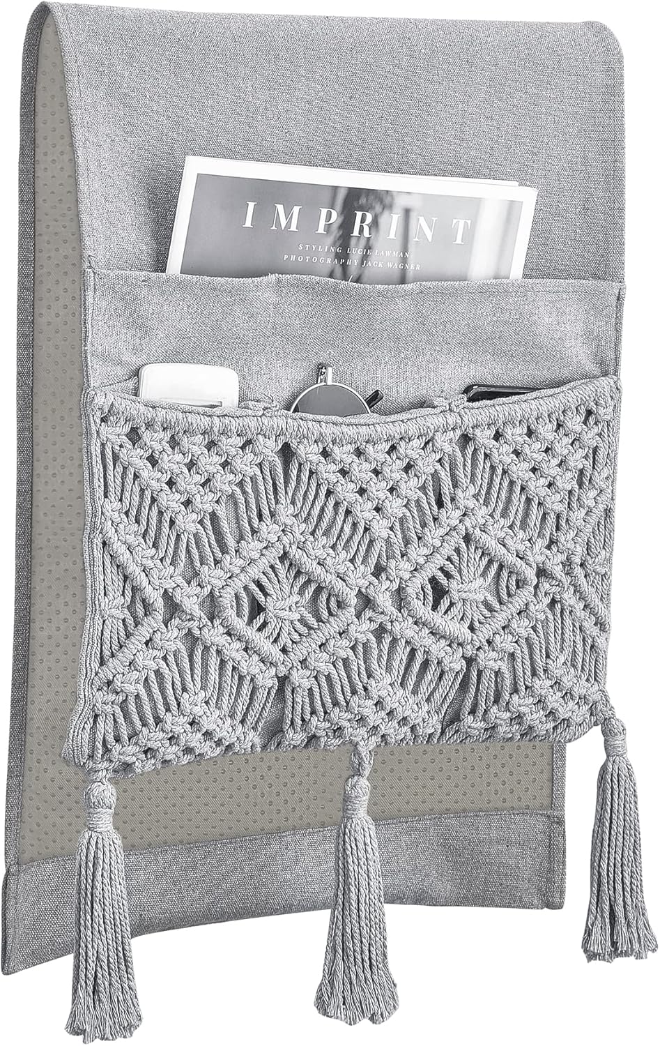 Mkono Macrame Couch Organizer Remote Control Caddy Sofa Armrest Armchair Bedside Storage Holder Bag for TV Remote, Magazine, Books, Cell Phone, iPad, Boho Living Room Home Dorm Decor, Grey