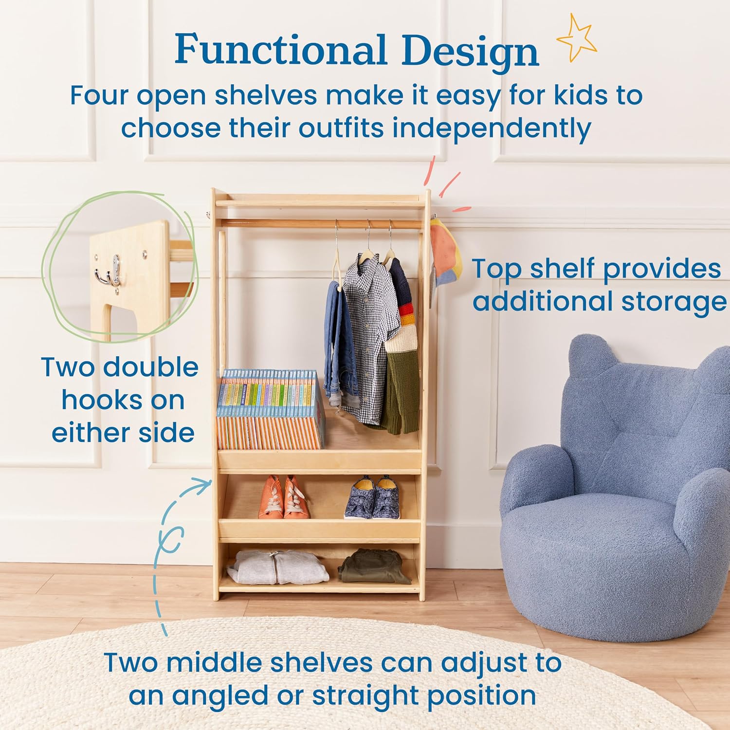 ECR4Kids TrendiTot Clothing Rack with Adjustable Shelves, Kids Wardrobe, Natural