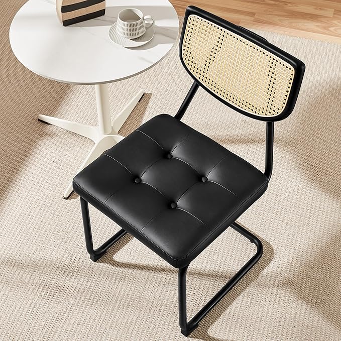 Yaheetech Rattan Dining Chairs Set of 2 Mid Century Modern Dining Room Chairs with Chrome Legs and Rattan Back for Home Kitchen, Faux Leather, Black