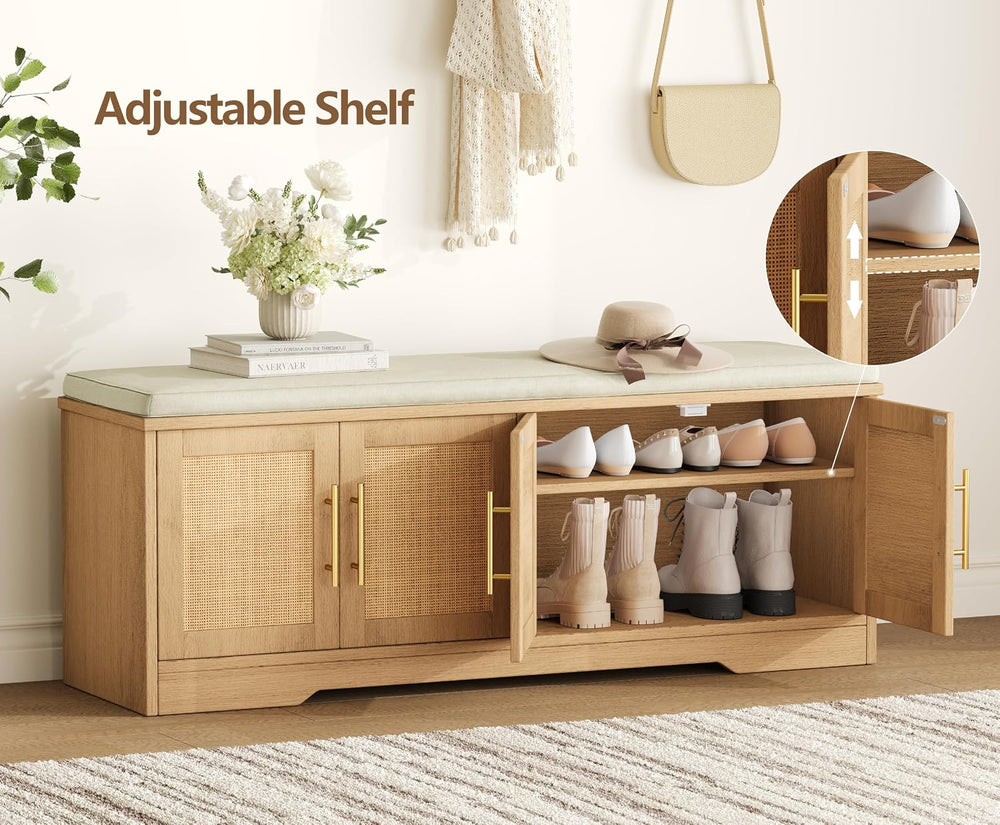 Rattan Shoe Storage Bench, 47.2" Wide Entryway Bench, Natural Oak | 2 Ti...