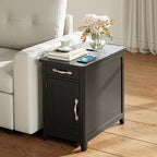 LINSY HOME End Table Set of 2 with Charging Station, Modern Farmhouse Sofa Couch Side Table, Wooden Bedside Table for Living Room Bedroom, Narrow Nightstand with Storage for Small Space, Black