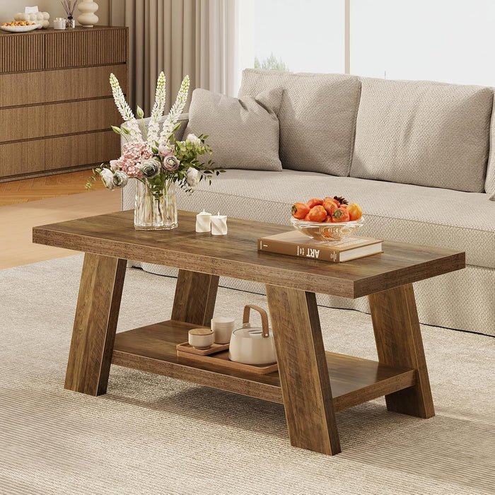Tohomeor 47.24" Coffee Table for Living Room, Farmhouse Wooden Coffee Table with Storage, Rectangle Rustic Accent Center Table with for Home Apartment Office, Retro Brown