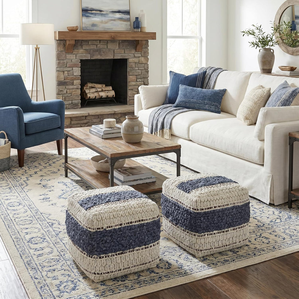 SIMPLIHOME Grady 18" Wide Square Pouf in Blue/Natural Wool and Cotton | ...