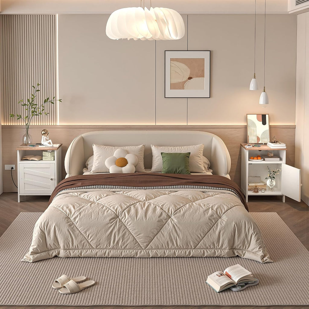 Nightstands Set of 2 with Charging Station, Farmhouse Night Stand with Open Shelf, Bedside Tables with Enclosed Cabinet, Wooden End Table with USB Ports & Outlets for Bedroom